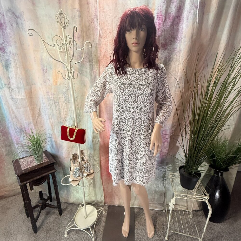 📌Jessica Howard  Beautiful Lace Knee Length 3/4 Sleeve Shift Dress w Blink